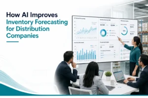 Business leaders reviewing AI-powered inventory forecasting dashboards for distribution businesses
