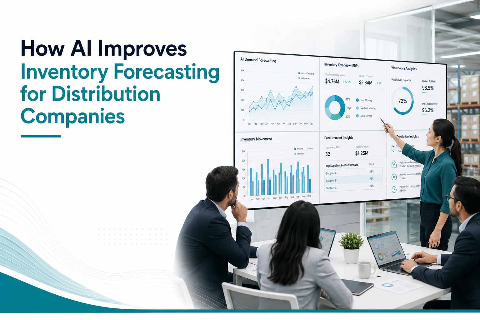 Business leaders reviewing AI-powered inventory forecasting dashboards for distribution businesses