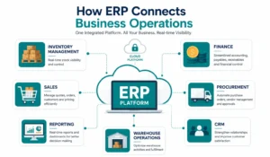 ERP connecting inventory, finance, sales and procurement 